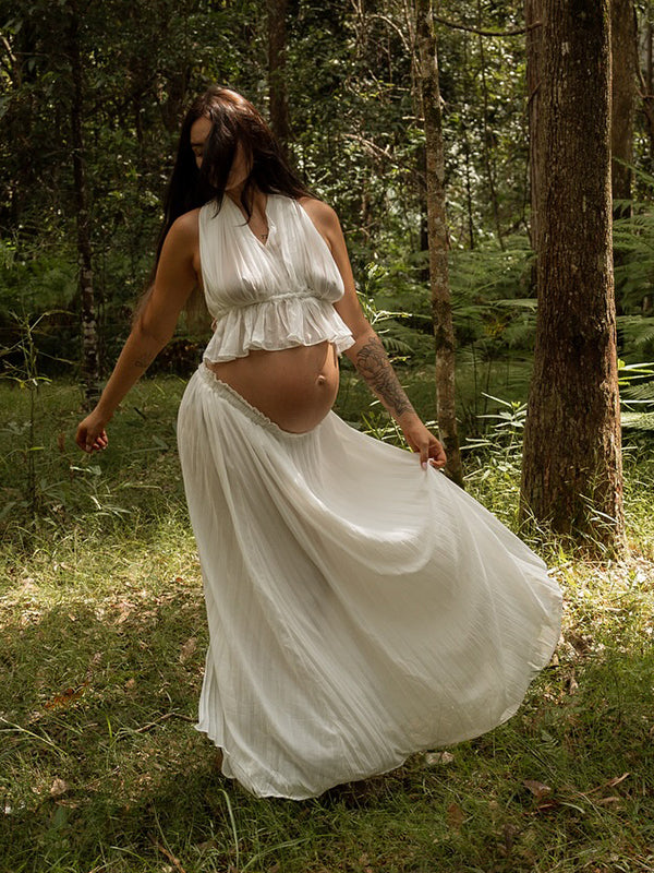 Beaumama robes photo longue grossesse élégant chic dos nu fente avant plissé fluide 2 pièces femme enceinte