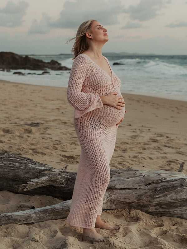 Beaumama robe shooting longue grossesse chic crochet tricot découpe coulisse photo plage femme enceinte