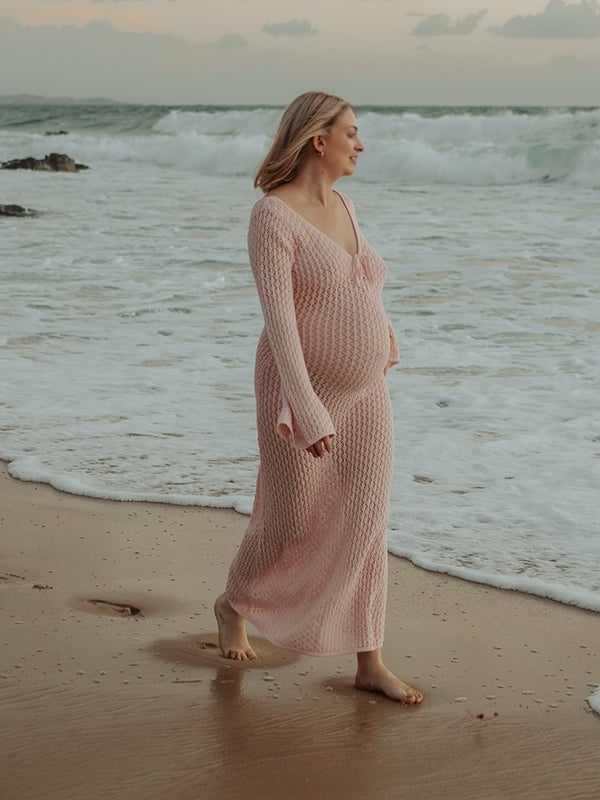 Beaumama robe shooting longue grossesse chic crochet tricot découpe coulisse photo plage femme enceinte