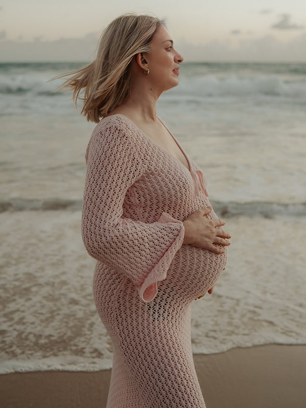Beaumama robe shooting longue grossesse chic crochet tricot découpe coulisse photo plage femme enceinte