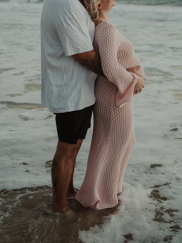 Beaumama robe shooting longue grossesse chic crochet tricot découpe coulisse photo plage femme enceinte