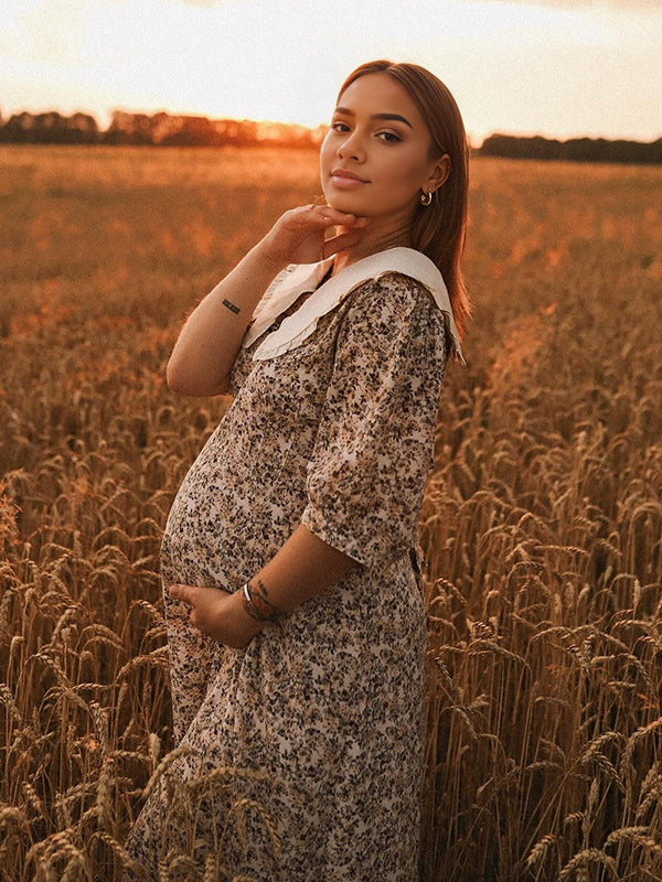 Beaumama robes photo longue grossesse bohème chic imprimé fleurie ceinture fluide trapèze col claudine femme enceinte