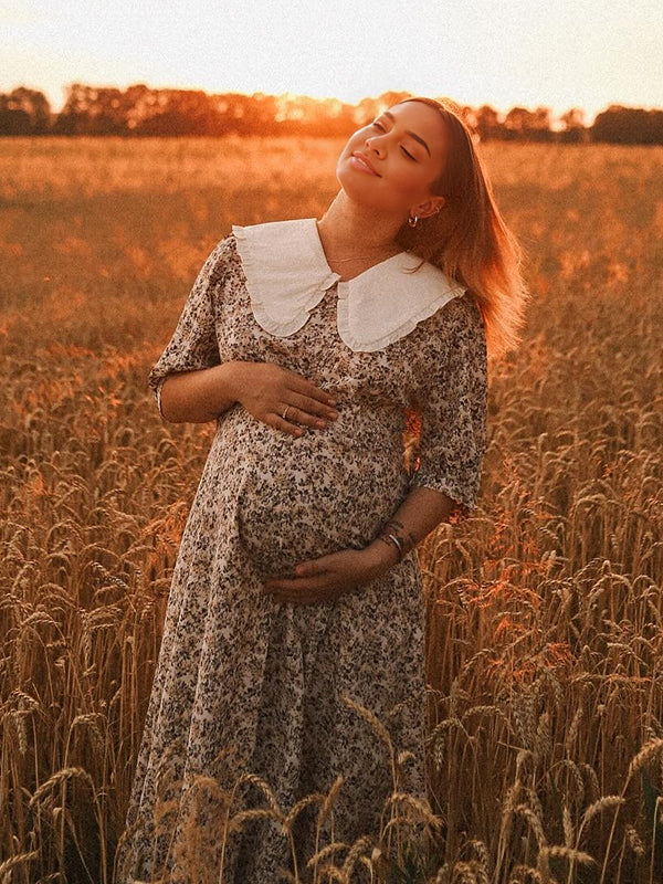 Beaumama robes photo longue grossesse bohème chic imprimé fleurie ceinture fluide trapèze col claudine femme enceinte