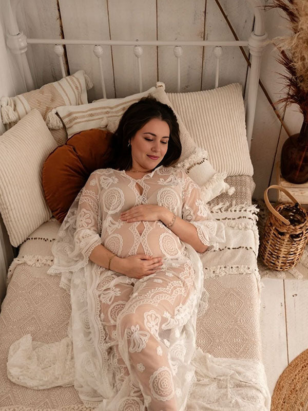 Beaumama robes longue grossesse imprimé fleurie dentelle creux transparent femme enceinte