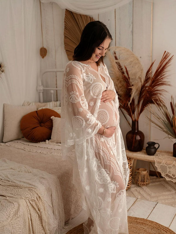 Beaumama robes longue grossesse imprimé fleurie dentelle creux transparent femme enceinte