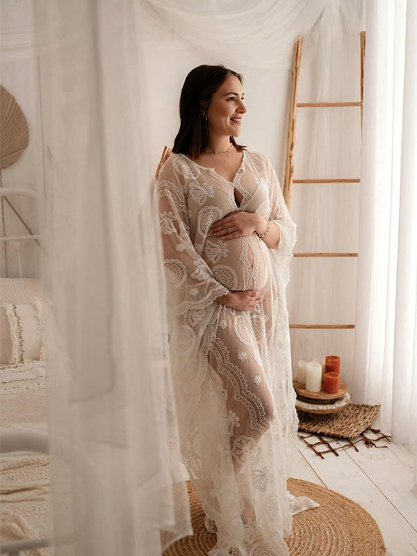 Beaumama robes longue grossesse imprimé fleurie dentelle creux transparent femme enceinte