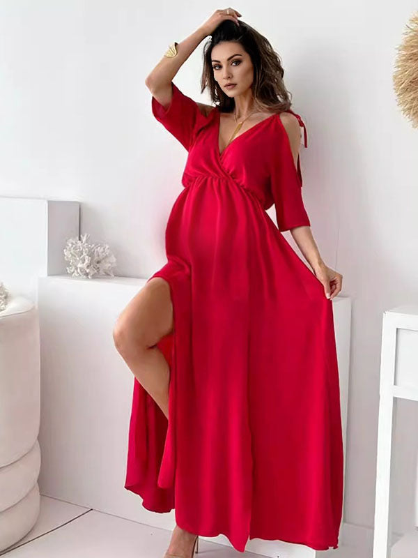Beaumama robes longue grossesse épaules dénudées double fente le côté fluide femme enceinte