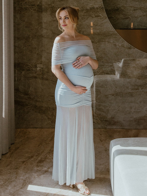 Beaumama robes longue grossesse chic cérémonie tulle épaule dénudée plissé sirene femme enceinte