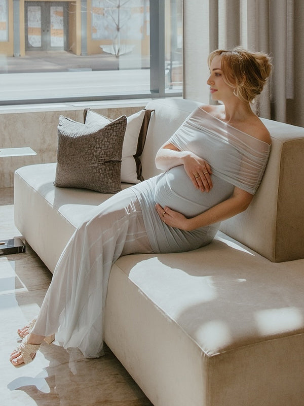 Beaumama robes longue grossesse chic cérémonie tulle épaule dénudée plissé sirene femme enceinte