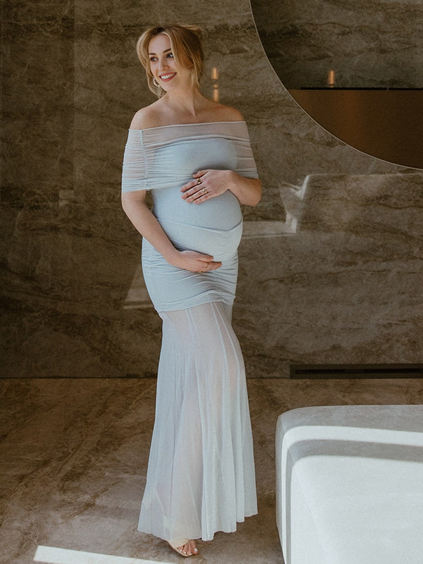 Beaumama robes longue grossesse chic cérémonie tulle épaule dénudée plissé sirene femme enceinte