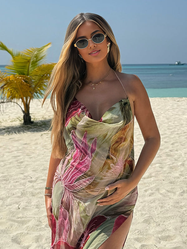 Beaumama robes longue grossesse chic vacances imprimé fleurie fendu le côté dos nu col bénitier femme enceinte