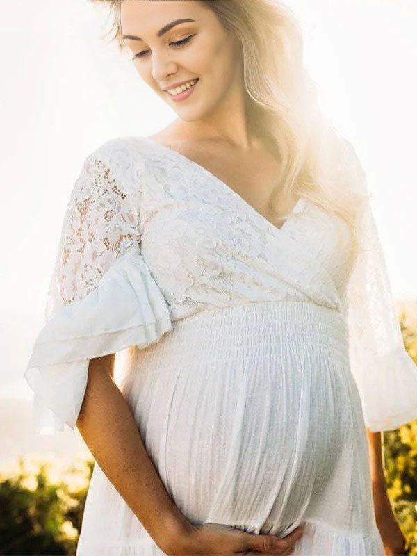 Beaumama robes longue grossesse Dentelle Manches volantes Trapèze femme enceinte