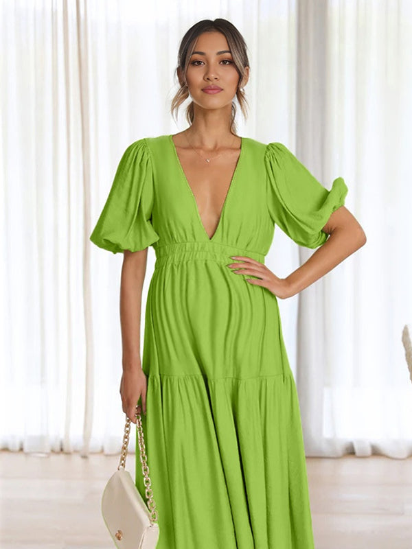 Beaumama robes mi-longue grossesse trapèze fluide manches bouffantes femme enceinte