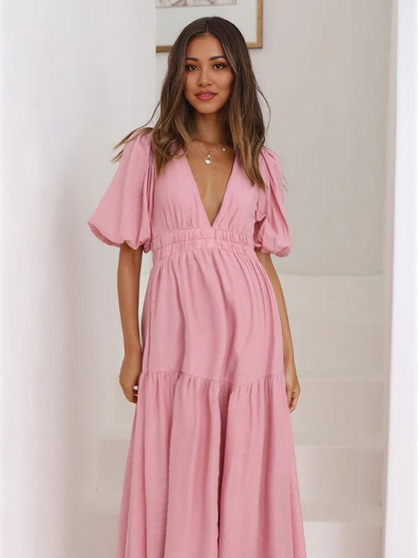 Beaumama robes mi-longue grossesse trapèze fluide manches bouffantes femme enceinte