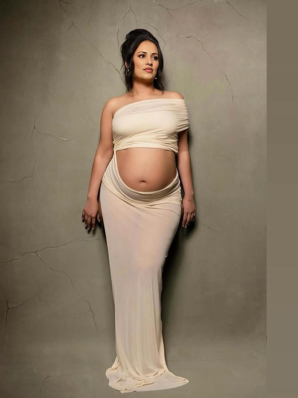 Beaumama robes photo longue grossesse chic tulle irrégulier fendu le côté épaule asymétrique femme enceinte