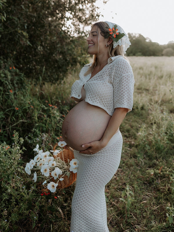 Beaumama robes photo longue grossesse bohème crochet tricot boutonnage costume deux pièces moulante femme enceinte