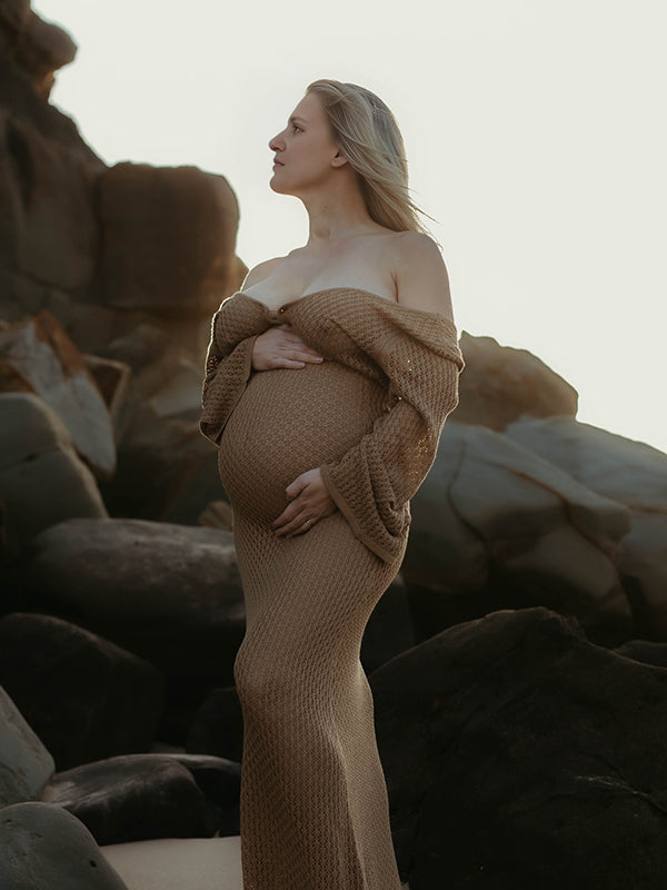 Beaumama robes photo longue grossesse bohème crochet tricot découpe dos nu paréos femme enceinte