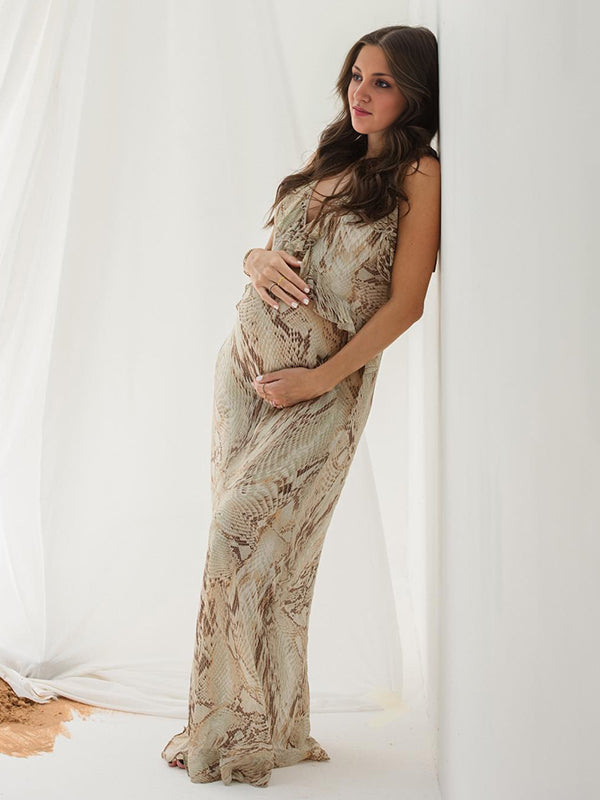Beaumama robes longue grossesse élégant imprimé python volants strap fluide photo femme enceinte