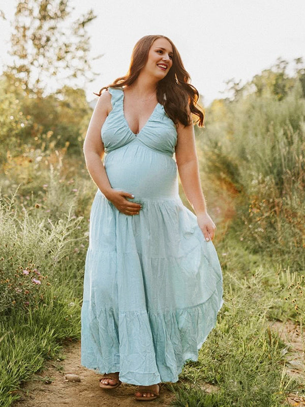 Beaumama robes longue grossesse plissé v-cou élégant femme enceinte