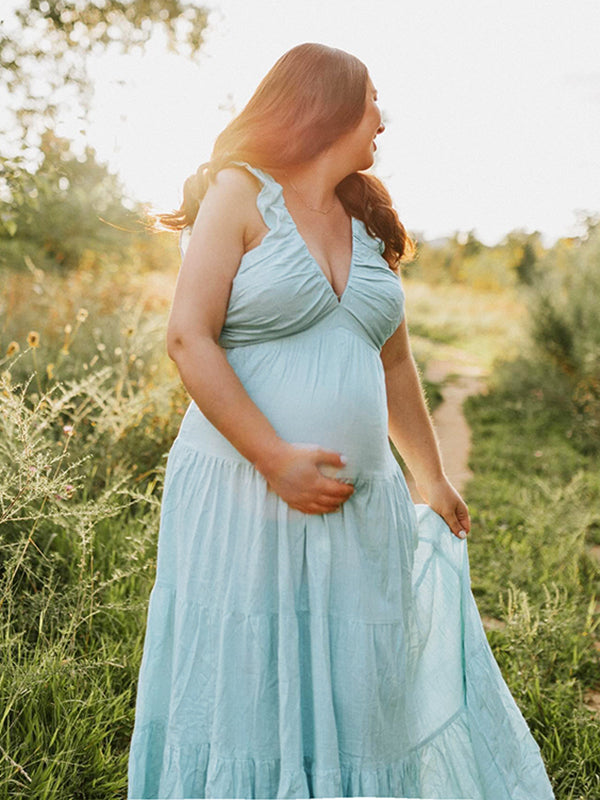 Beaumama robes longue grossesse plissé v-cou élégant femme enceinte