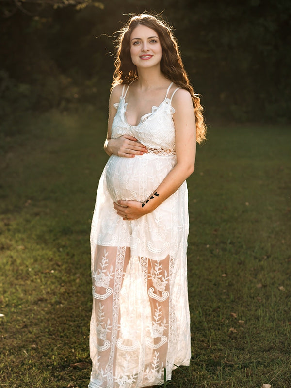 Beaumama robes longue grossesse dentelle strap v-cou bohème femme enceinte