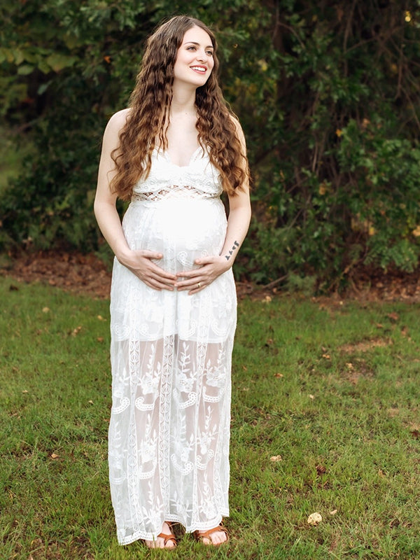 Beaumama robes longue grossesse dentelle strap v-cou bohème femme enceinte