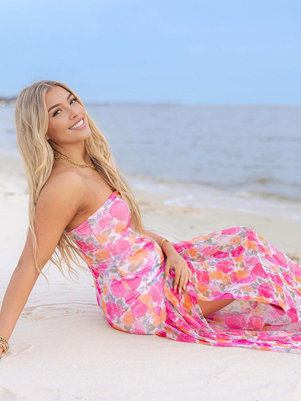 Beaumama robes longue grossesse élégant imprimé fleurie fendu le côté plissé volants bustier femme enceinte