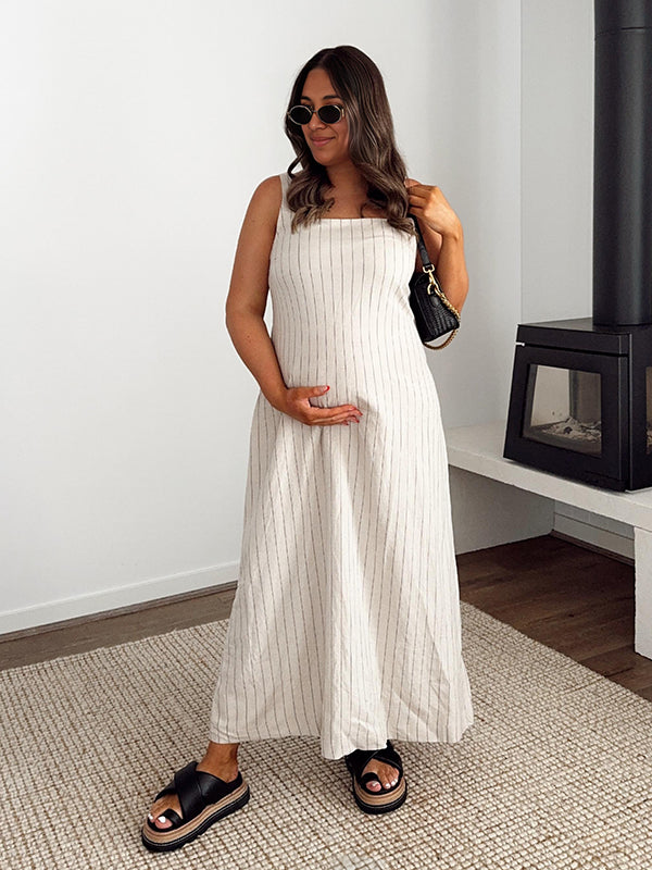 Beaumama robes longue grossesse chic casual vacances rayé fluide trapèze strap femme enceinte