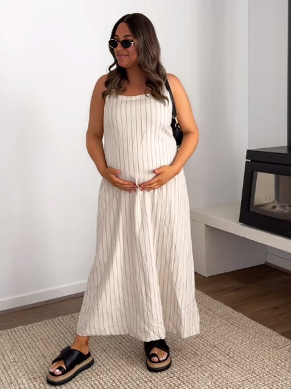 Beaumama robes longue grossesse chic casual vacances rayé fluide trapèze strap femme enceinte