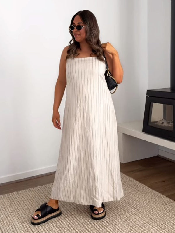 Beaumama robes longue grossesse chic casual vacances rayé fluide trapèze strap femme enceinte