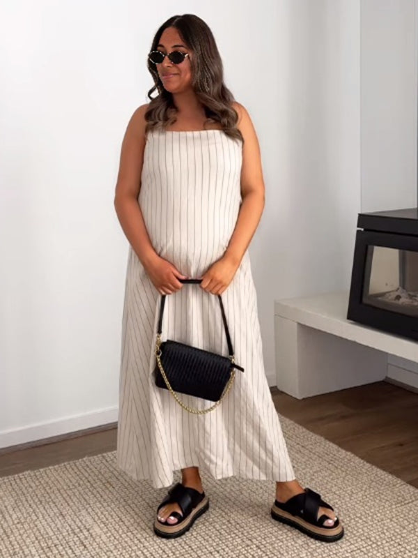 Beaumama robes longue grossesse chic casual vacances rayé fluide trapèze strap femme enceinte