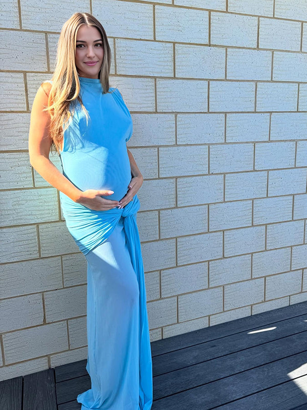 Robe longue grossesse tulle épissage irrégulier plissé bleu