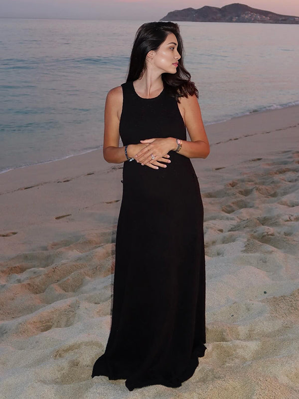 Robe longue grossesse fluide trapèze plage noir