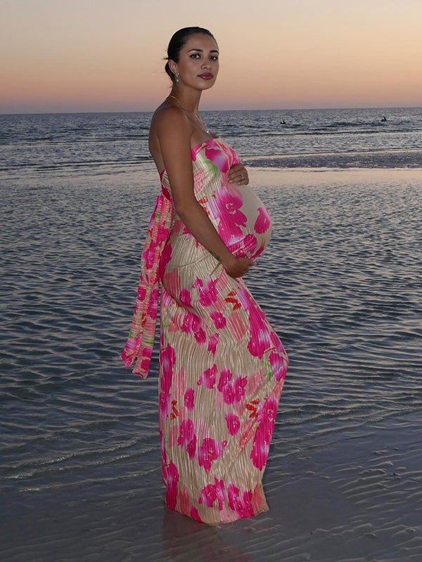 Robe longue grossesse imprimé fleurie nœud papillon rose