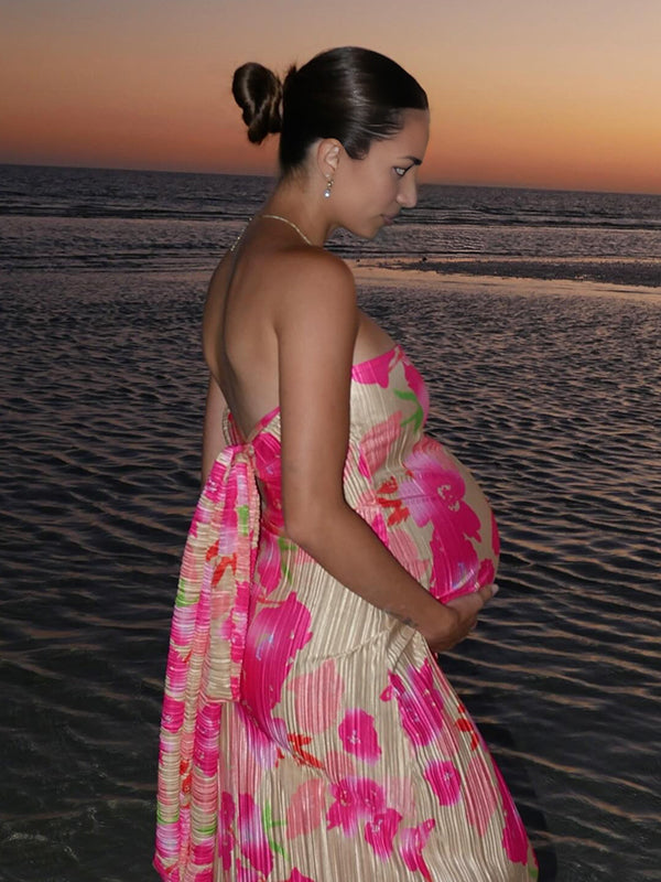 Robe longue grossesse imprimé fleurie nœud papillon rose