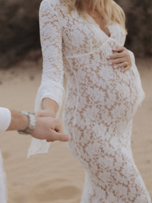 Robes longue de grossesse dentelle-blanche