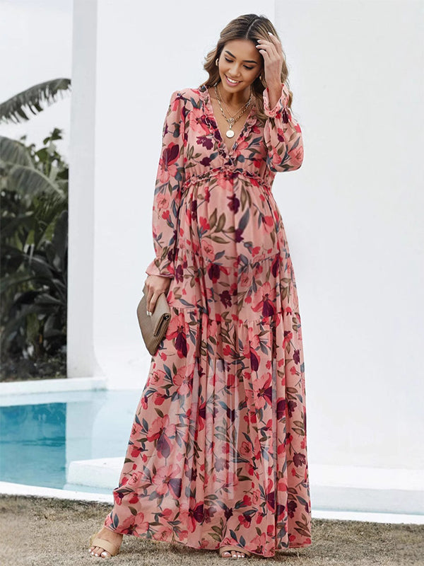 Robes longue de grossesse imprimé fleurie-Rouge