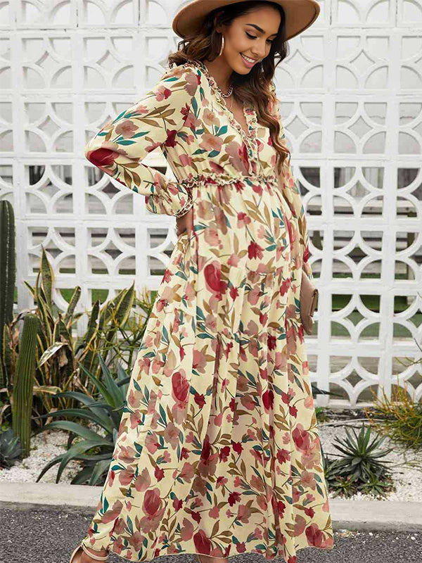 Robes longue de grossesse imprimé fleurie-Jaune