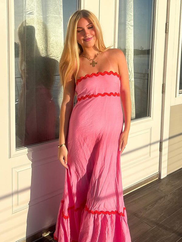 Robe longue grossesse bord ondulé fluide trapèze spaghettiträger bustier rose framboise