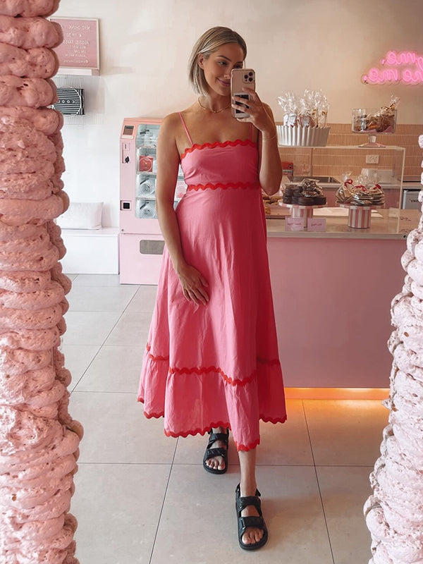 Robe longue grossesse bord ondulé fluide trapèze spaghettiträger bustier rose framboise