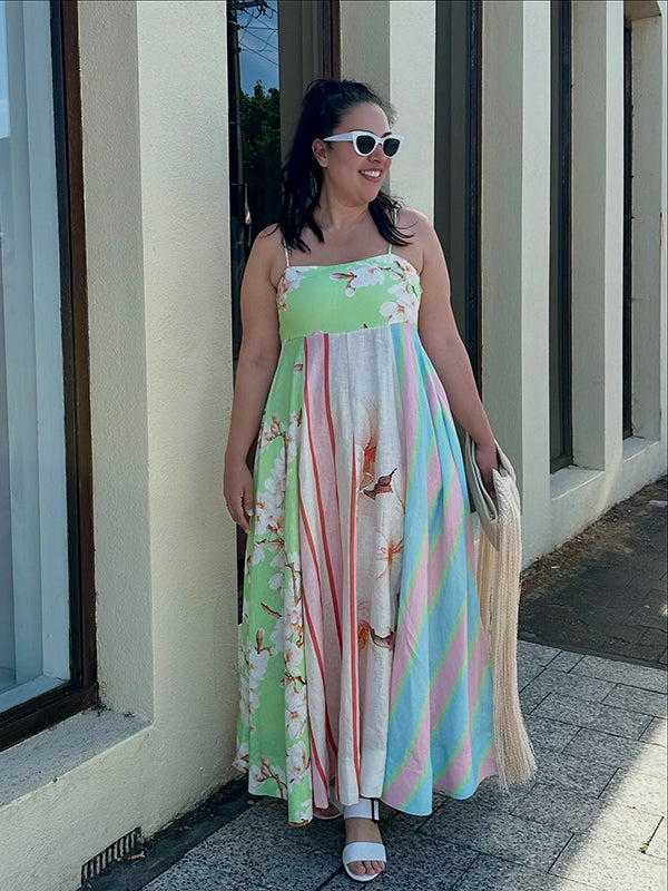 Robe longue grossesse imprimé fleurie rayé fluide trapèze spaghettiträger vert