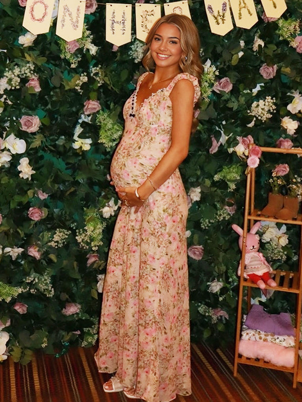 Robe longue grossesse imprimé fleurie guipure dentelle fluide rose
