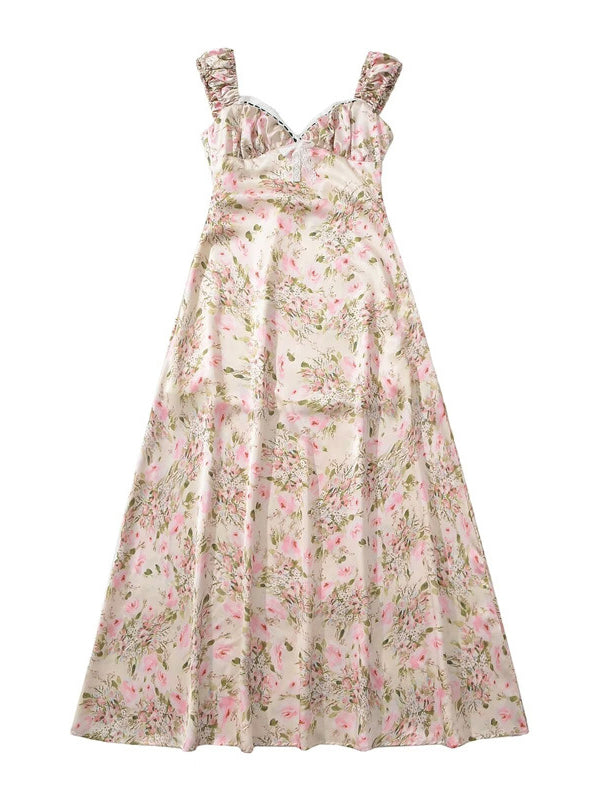 Robe longue grossesse imprimé fleurie guipure dentelle fluide rose