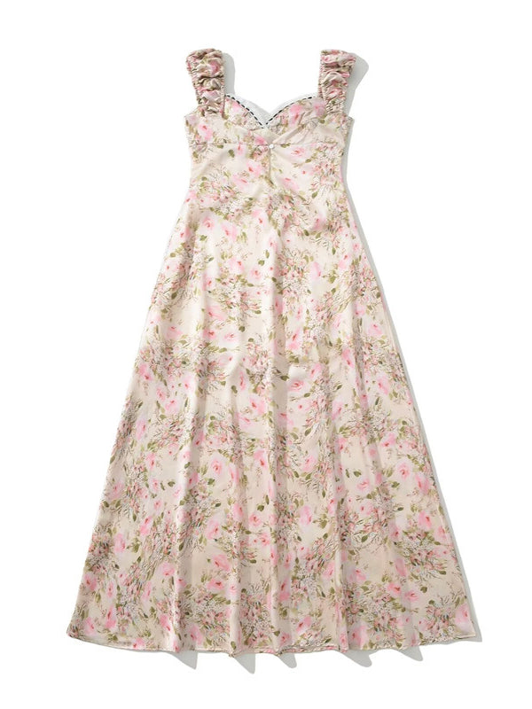 Robe longue grossesse imprimé fleurie guipure dentelle fluide rose