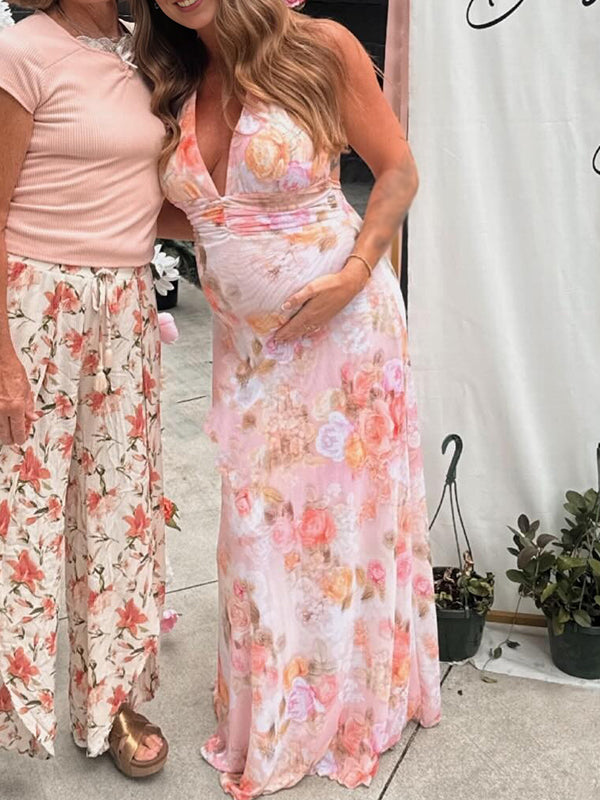 Robes longue de grossesse imprimé fleurie-Rose poudré