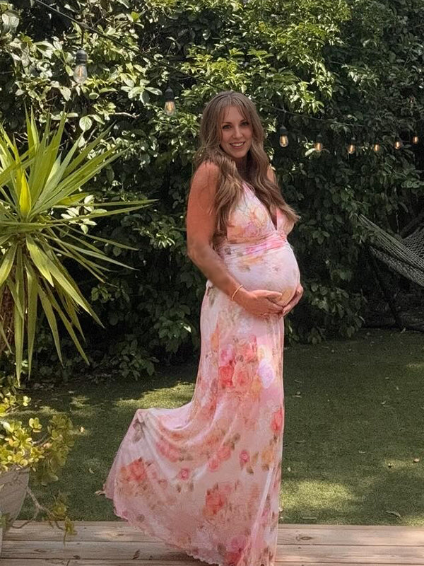 Robes longue de grossesse imprimé fleurie-Rose poudré