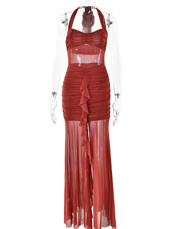 Robe longue grossesse tulle volants fente avant rouge