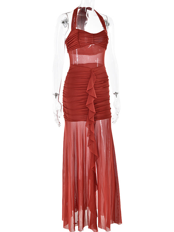 Robe longue grossesse tulle volants fente avant rouge