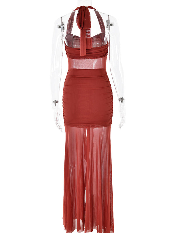 Robe longue grossesse tulle volants fente avant rouge