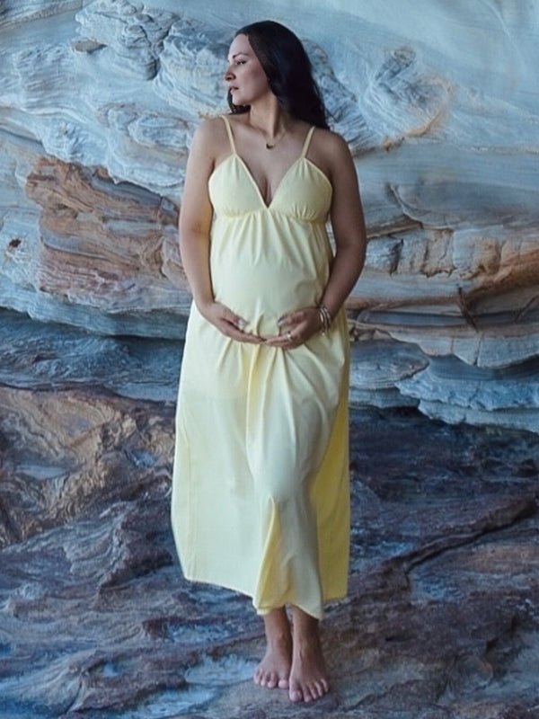 Robe photo longue grossesse dos nu spaghettiträger fluide trapèze jaune